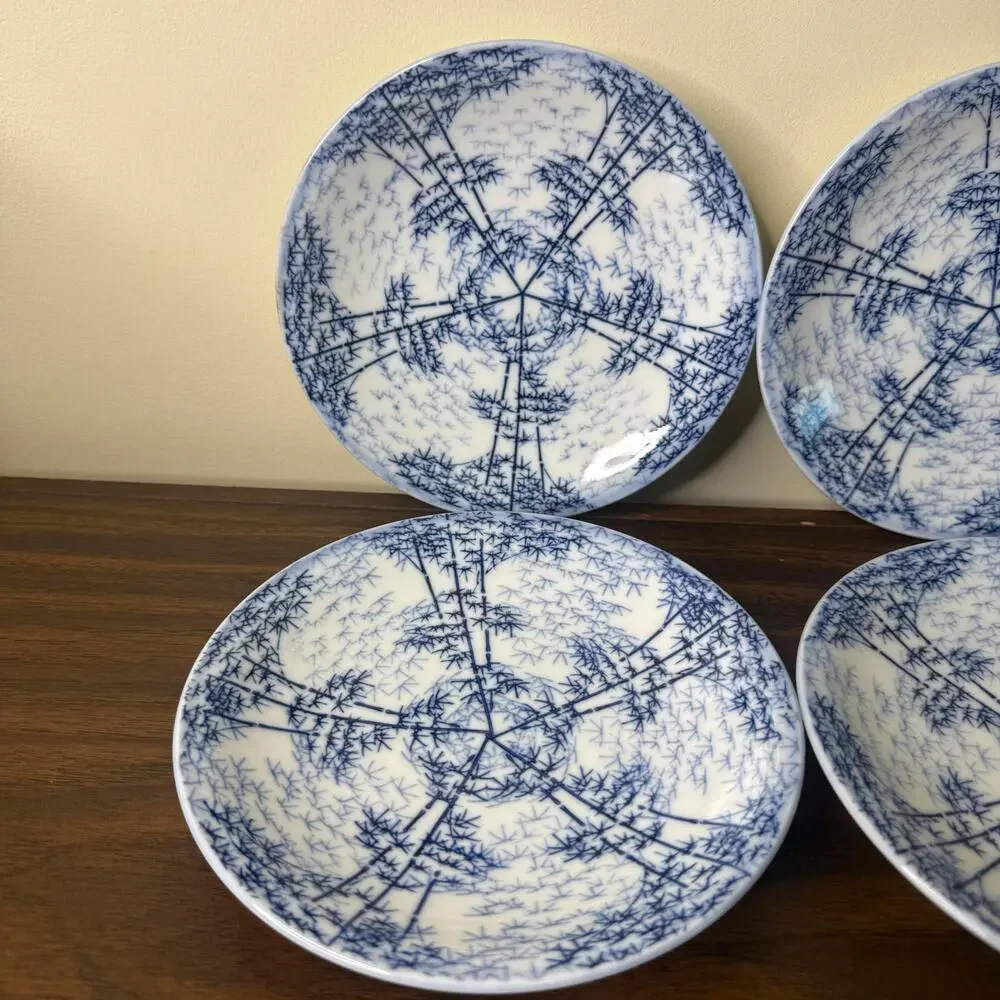 Vintage Otagiri Japan Plate Set Blue and White Porcelain Bamboo Trees